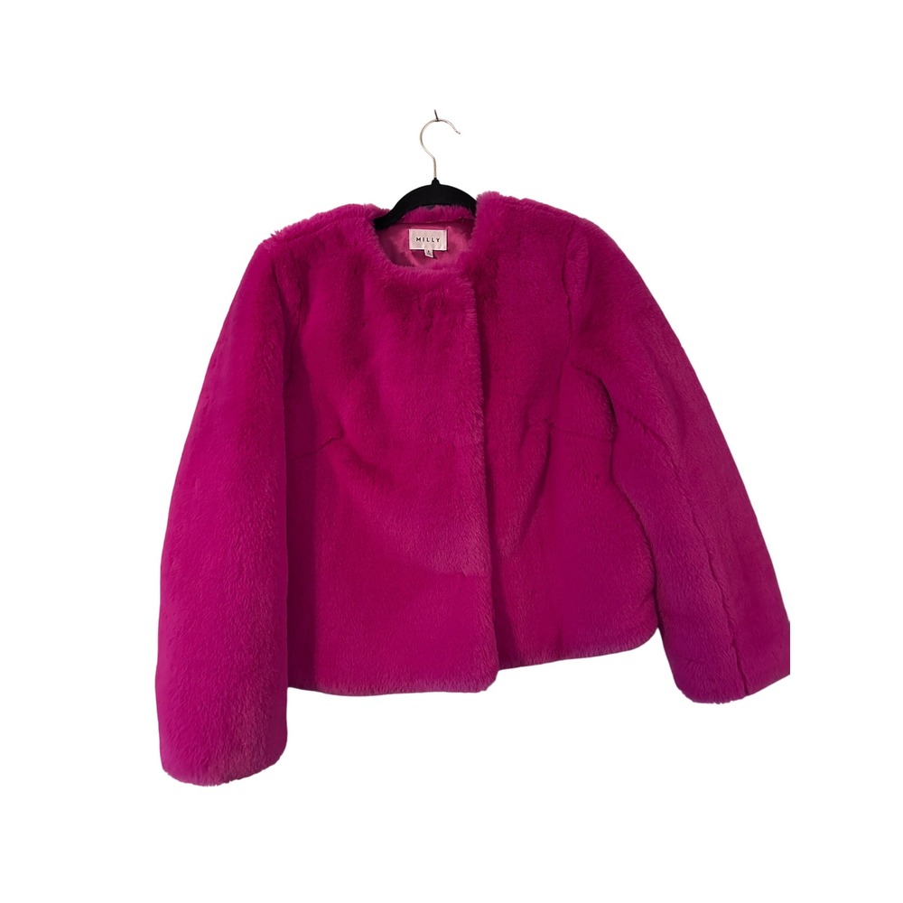 Milly Faux Fur Jacket Coat Fushia Cropped Statement Spread Collar Preppy SZ S